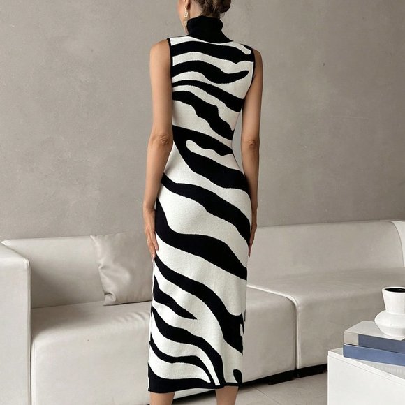 Black & White Casual Womens Two Tone Turtleneck Sweater Dress - Picture 4 of 5